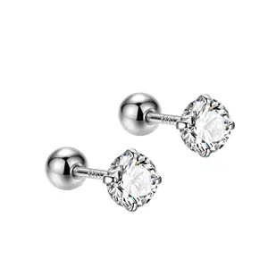 Fashion Minimalist 999 Sterling Silver Inlaid Single Zircon Four-claw Screw Back Stud Earrings for Women Jewelry Accessories