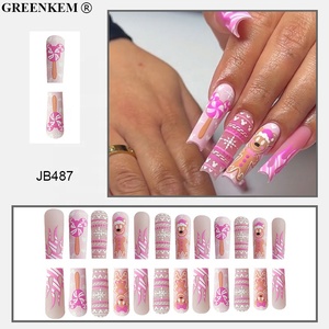 24pcs Matte Long Coffin Pink Press on Tips Thème de Noël avec Gingerbread Man Lollipop Amovible Handmade False Nails - Product Image 3