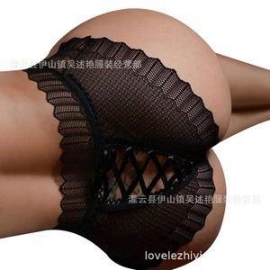 Culotte sexy de style européen et américain, triangle, entrejambe ouvert, avec bretelles en dentelle et design ajouré, grande taille pour femmes - Product Image 2
