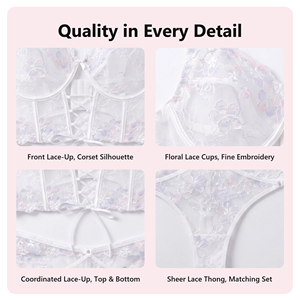 Ensemble <span class=keywords><strong>de</strong></span> lingerie féminine élégant : string et soutien-gorge bustier long, en dentelle florale blanche, avec corset à armatures en maille transparente et laçage - Product Image 3
