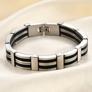 Bracelet en acier inoxydable 14MM, design géométrique, bijoux unisexes, style moderne punk, noir et argenté - Product Image 2