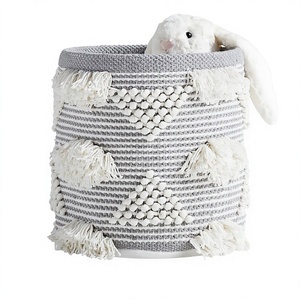 ITHL Brand Boho Hand Woven Cotton Storage <b>Basket</b> Tassels Pom Poms Gray <b>White</b> Household <b>Laundry</b> Reusable Rustic Style Uttar - Product Image 1
