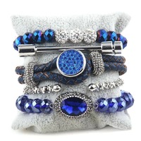 Set Gelang Kulit Tumpuk dengan Kancing Rhinestone Baru 1.8-2cm, Batu Alam, Manik-manik Kaca Kristal, dan Gelang Sekrup Alloy