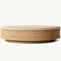 Table basse de salon de style américain personnalisée Rhoohill de haute qualité avec plateau en travertin, table à thé ronde moderne en chêne blanc