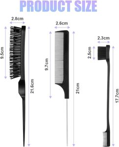 Kit de peignes à sourcils double tranchant noirs <span class=keywords><strong>pour</strong></span> femmes, brosse à cheveux en nylon, peigne à queue de rat en acier, outils de coiffure et de maquillage – Vente en gros - Product Image 2