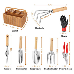 Lot de 9 outils de jardinage DIY durables de qualité alimentaire avec manche en bois, pelle, truelle, râteau et panier de transport – Vente en gros OEM - Product Image 2