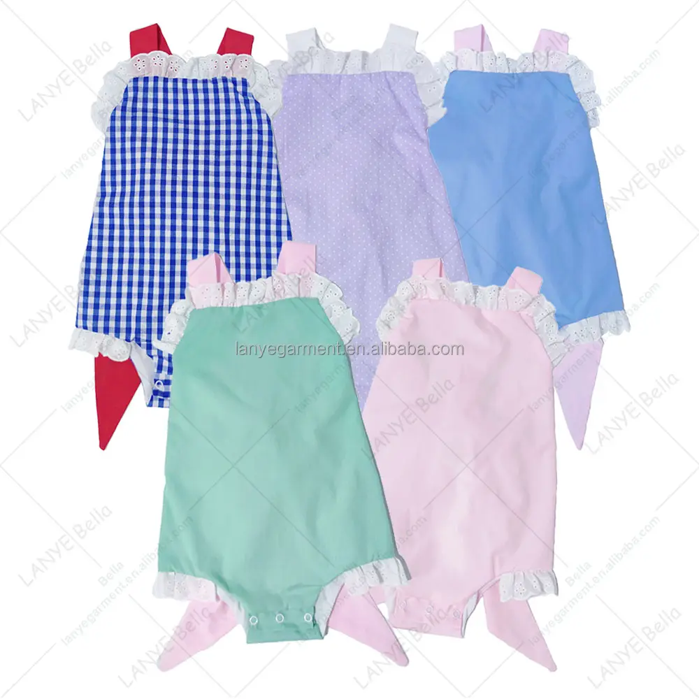 Vente en gros monogramme personnalisé bébé Boutique Sunsuit tissu tissé nouveau-né infantile filles Bow Back barboteuse vêtements