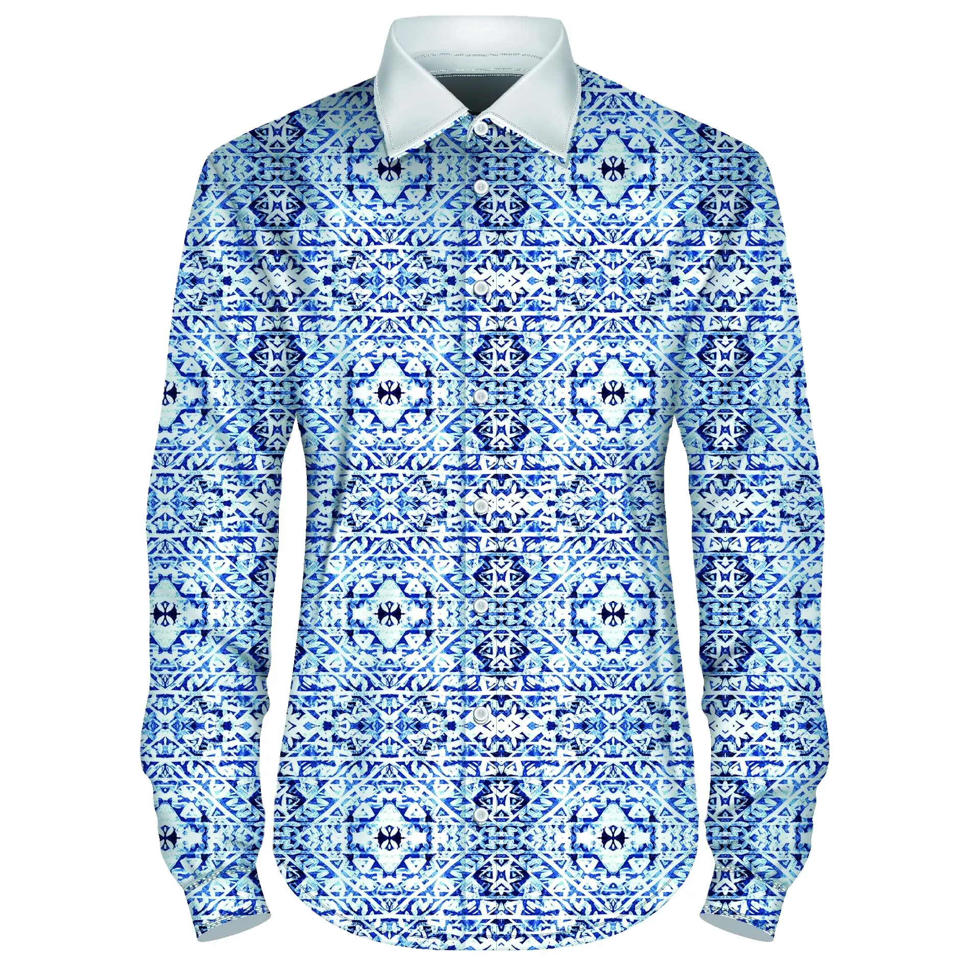 new style blue classic digital print cotton satin mens shirt