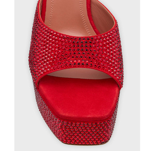 Mules de Plataforma Rojos con Pedrería para Mujer, Sandalias de Tacón Alto con Cristales Brillantes, Tacón de Bloque Piramidal Elegante - Product Image 4