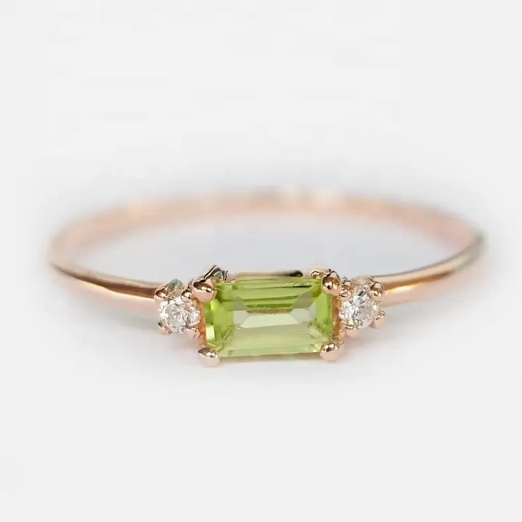 Delicate sterling silver diamond green stone engagement natural peridot 925 baguette ring LYR0779