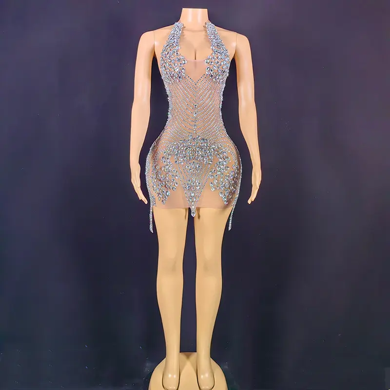 Sexy Club Dress sin mangas elegante mujer vestido de fiesta de terciopelo con diamantes de imitación de colores y mezcla de perlas