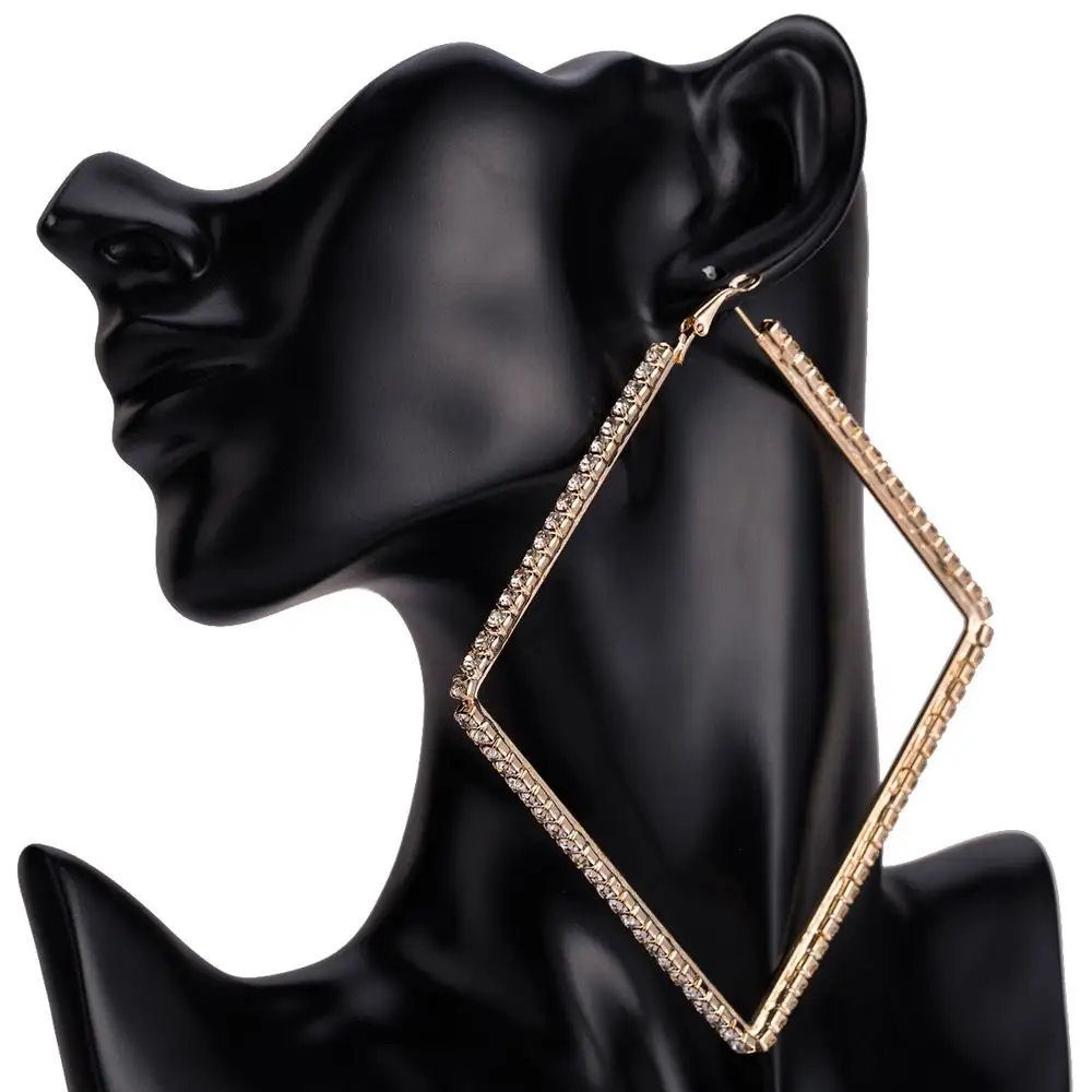 Pendientes de aro grandes cuadrados de lujo con diamantes de imitación, joyería de aro grande cuadrada geométrica plateada de moda