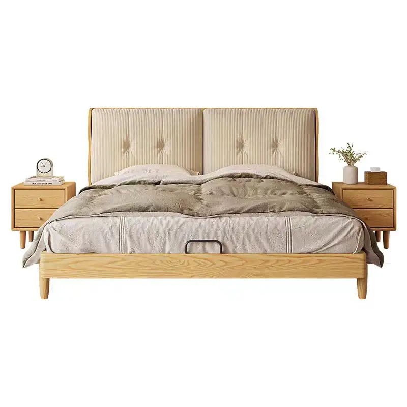 Bắc Âu rắn gỗ Giường hiện đại đơn giản nhỏ căn hộ phòng ngủ giường đôi đăng nhập phong cách Nhật Bản Nhung giường mềm mại