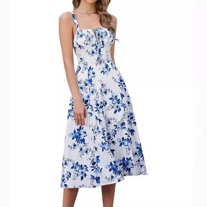 Vestidos de <span class=keywords><strong>mujer</strong></span> de longitud media informales americanos europeos, vestido de estilo bohemio con abertura elegante, ropa de verano con lazo en la espalda - Product Image 1