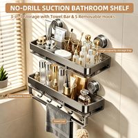 Étagère sans perçage pour l'intérieur de la douche, support de rangement de salle de bain robuste en acier au carbone avec barre porte-serviettes et crochets
