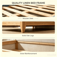 Modernes 100% Leinen-Bett mit Verstellbarem Kingsize-Bettrahmen, Abnehmbarem Bezug, Massiven Eichenholzbeinen und Lattenrost, Einfache Montage, Großhandel