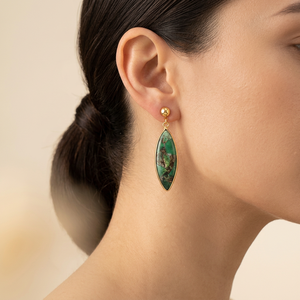 Wholesale Cute Fashion Jewelry Mohave Copper Turquoise Drop <b>Earrings</b> Brass 18K Gold Plated Marquise Gemstone Bezel Set <b>Earrings</b> - Product Image 2