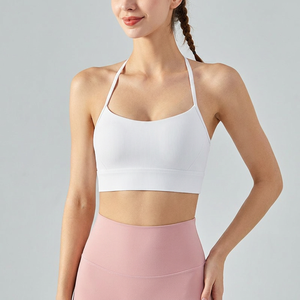 Women Ribbed T-Strap <b>Back</b> Sports Bra Thin Spaghetti Strap Padded Yoga Crop <b>Top</b> Stretch <b>Low</b> Impact Pilates Fitness Bralette - Product Image 1