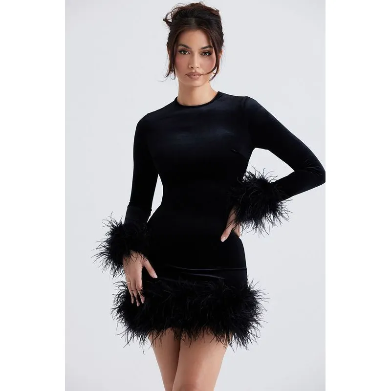 A7293 Stock Items Black Velvet Mini Ladies Dress Fashion Elegant Ladies Black Short Party Dress