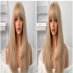 Vente en gros 23 pouces Qi Liu Hai cheveux raides perruque superposée blonde haute chaleur cheveux synthétiques dentelle avant perruques pour les femmes - Product Image 3
