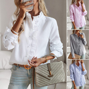 Camicie da <span class=keywords><strong>Donna</strong></span> Personalizzate OEM ODM, Cardigan con Bottoni, <span class=keywords><strong>Colletto</strong></span> a Ruche, Maniche Lunghe, Tinta Unita, Blusa alla Moda Casual - Product Image 1