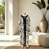 Robe longue d'été en coton pour femme africaine, style kaftan, imprimé tie-dye, à capuche, avec pompons dorés et bande centrale noire, grande taille, pour les vacances
