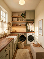 Meuble de buanderie sur mesure avec évier intégré, en contreplaqué étanche, design moderne et écologique pour machine à laver