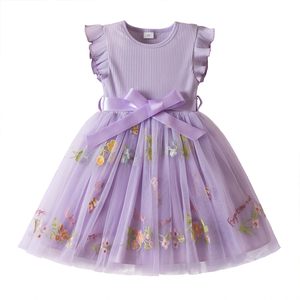 2025 estate Tutu per ragazze vestito per bambini con volant manica corta con bottone stampa floreale tessuto in Chiffon fascia d'età per bambini con fiocco - Product Image 3