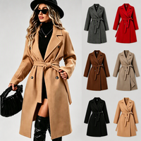 Manteau sur mesure OEM ODM pour femme grande taille, à revers cranté, manches longues, ceinturé, double boutonnage, couleur unie, mi-long, pour l'hiver