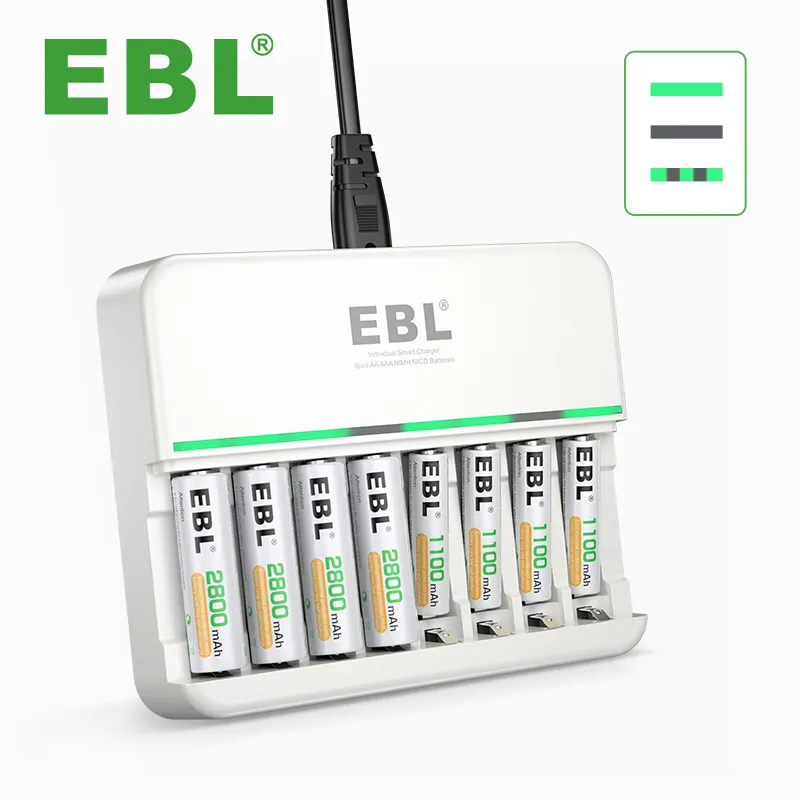 Carregador de bateria independente inteligente EBL 8 Bay para bateria recarregável AA AAA