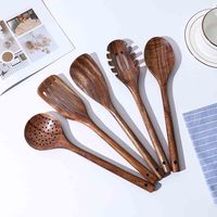 Ensemble d'ustensiles de cuisine en bois de teck : Cuillère, Spatule, Spatule ajourée, Écumoire, Cuillère à pâtes, Ustensiles à long manche compatibles antiadhésifs