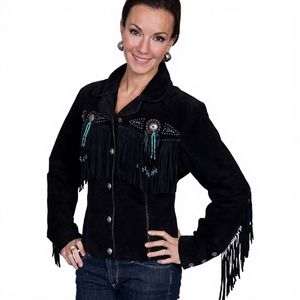 Womens Real Black Suede Leather <b>Jacket</b> <b>Fringe</b> Tassels Concho Beaded Sheepskin Western Cowgirl Native Coat Custom Winter Outer - Product Image 1