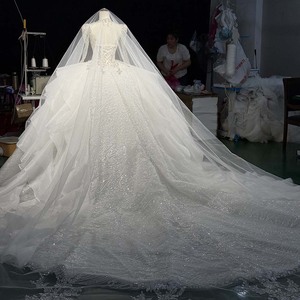 Hz011 Impresionante Vestido de Novia de Tul con Lentejuelas y Cristales Blancos Plateados, Estilo Halter con Volantes en Capas, Jancember - Product Image 6