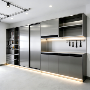 Solution complète d'aménagement intérieur pour garage/atelier industriel moderne avec armoires de rangement métalliques sur mesure, établi et mur porte-outils perforé - Product Image 3