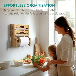 Navaris Bamboo Plastic Wrap Cutter Box With <b>Paper</b> Towel Holder Wall Mounted <b>Kitchen</b> Storage Rack - Product Image 2