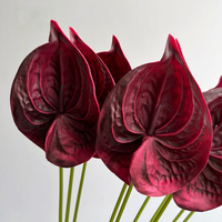 Bunga Anthurium Merah Buatan dari PU Real Touch, Tangkai Tunggal, Warna Burgundy Wine Red untuk Dekorasi Natal, Pernikahan, Rumah, dan Hotel