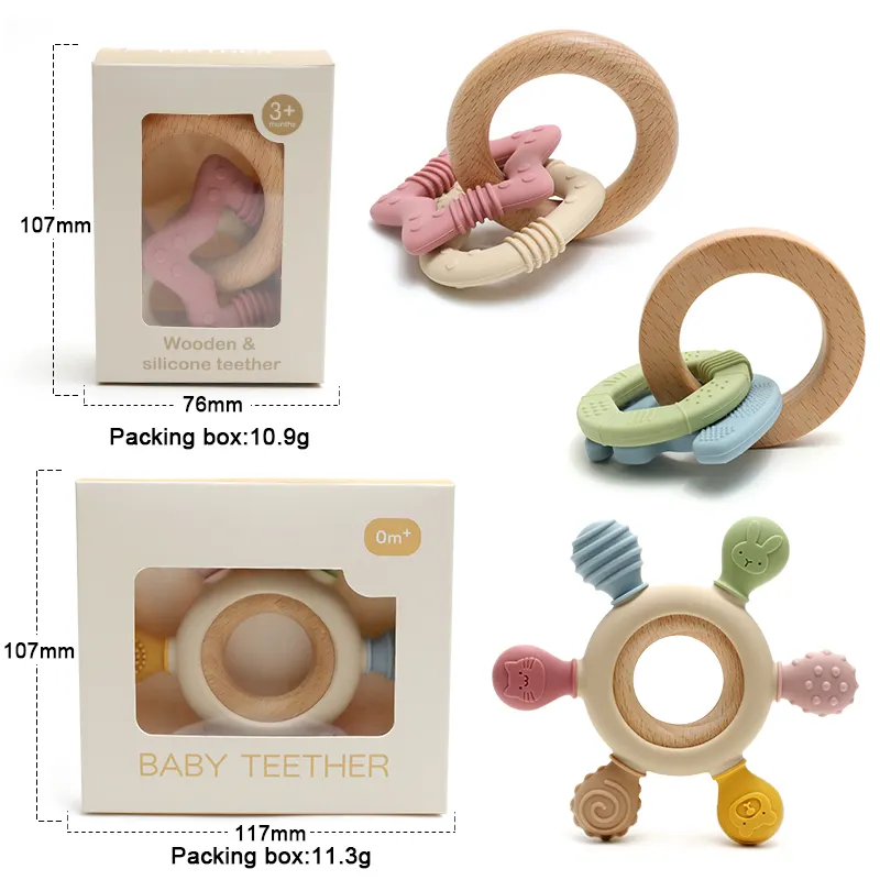 silicone teether baby teether wood ring teething toys bpa free silicone wooden baby teether teething toys for babies 0-6 months