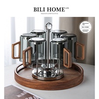 Tasse à eau en verre soufflé à la main transparente, design moderne et minimaliste, avec poignée en bois de noyer, grande capacité, résistante à la chaleur, idéale pour la maison