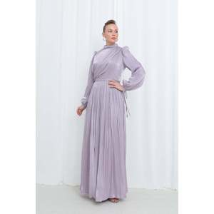 Robe de soirée longue plissée en satin lilas pour femme Puane - Robe Abaya élégante de longueur complète pour les occasions spéciales - Product Image 3