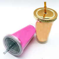 Gobelet isotherme OEM au design moderne, double paroi, en plastique électroplaqué pailleté, avec couvercle et paille, 450 ml, pour café froid