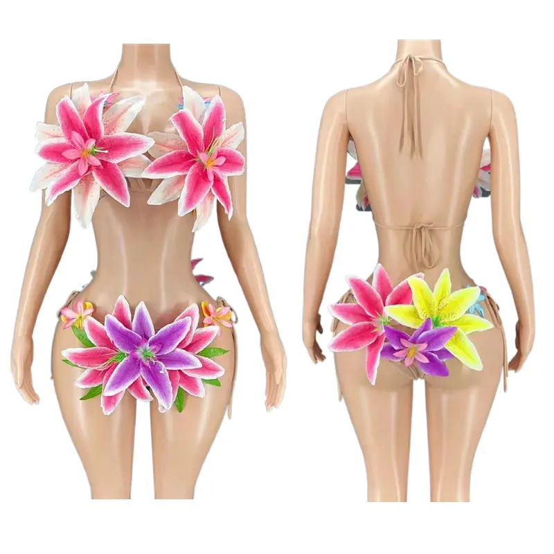 Christia Bella Designer Club Party Stripper Dancewear Sexy Halter Bikini 2022 Woman Swimwear Beach Wear Flower String Bikini Set