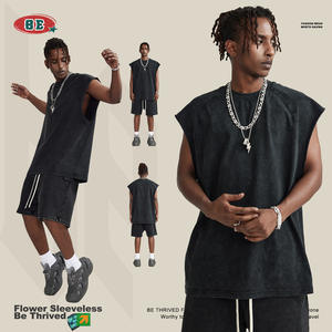 2023 nouveautés sans manches haute rue être prospéré rétro poids lourd 275G pur coton surdimensionné Couple lavé débardeur t-shirt - Product Image 1