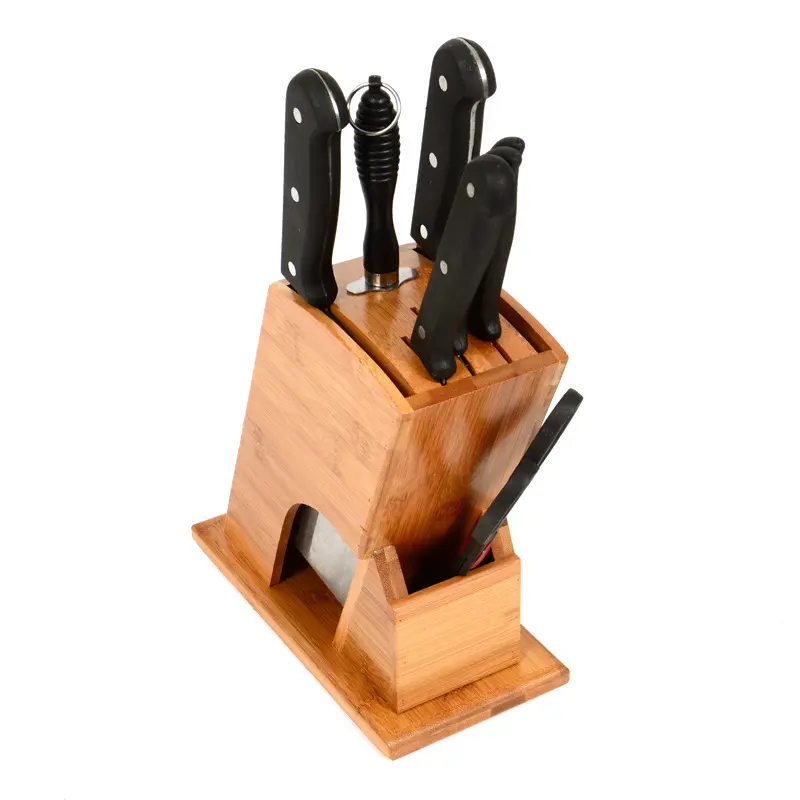 Bamboo Knife Block Space Saver Kitchen Knife Set 8 Pieces With Spinning Block