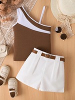 Ensemble deux pièces pour femme : haut asymétrique color block et short taille haute ceinturé – Tenue d'été – Vente en gros et personnalisation