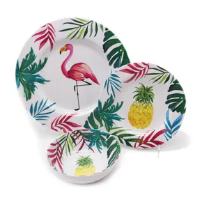 Utensílios de cozinha, conjunto bem-vindo com abacaxi de flamingo tropical de verão, utensílios de cozinha redondos, placas de melamina