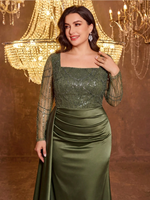 Nouvelles arrivées : Robe de soirée grande taille pour femme, col carré, manches longues, patchwork satiné à sequins, pour mariage et soirée printanière