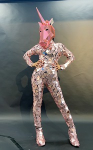 Traje <span class=keywords><strong>de</strong></span> unicornio con efecto espejo en oro rosa, <span class=keywords><strong>mono</strong></span> reflectante geométrico con <span class=keywords><strong>cola</strong></span> y cabeza para eventos en bares, centros comerciales, desfiles, cosplay y espectáculos en vivo. - Product Image 5
