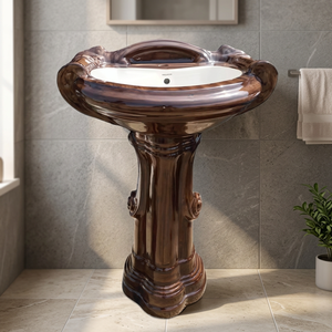Wooden White Double Color Vitreous Square Pedestal Wash Basin-Modern Art Design Porcelain Sanitary Ware for Mall Use - Product Image 1