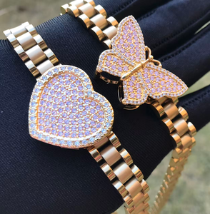 Maßgefertigte Trendige Edelstahl Nugget Rollie Kette mit Diamant CZ Herz-Rahmen Anhänger Halskette Mode Damenschmuck Geschenk - Product Image 2