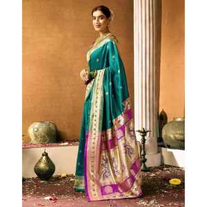 Sari Paithani de Seda Tejida Verde Azulado, Estilo Tradicional Indio y Pakistaní para Niñas, para Bodas, Fiestas y Vestimenta Étnica - Product Image 2